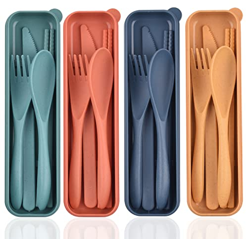 Reisebesteck Set mit Koffer, tragbares Kunststoff-Besteck-Set, wiederverwendbar, Messer, Gabel, Löffel, Essstäbchen, Campingutensilien-Set (4 Sets)
