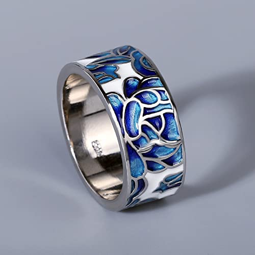 PAIHUIART Ring Ringe Rings Bijouterie Herren Damen Neue Damen Classic Epoxy Emaille Blue Flower Damen Ring 925 Silber Damenschmuck Ehering Brautschmuck Breiter Silberring 9