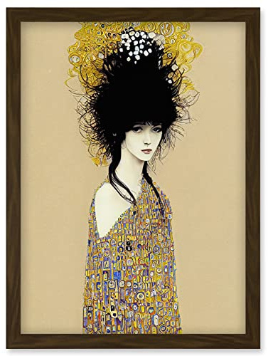 Wee Blue Coo Woman in Klimt Style Dress Gold Black Painting Artwork Framed Wall Art Print A4
