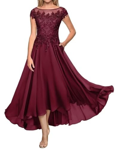 Teelänge Mutter der Braut Kleid Spitze Lang Formal Abendkleid Chiffon Hochzeit Gastkleider für Kurzarm