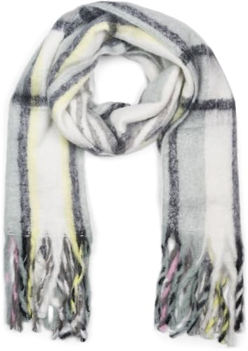 styleBREAKER Damen Web Strickschal mit Streifen Muster und langen dicken Fransen, warmer Winter Schal mehrfarbig 01017157, Farbe:Grau-Schwarz-Gelb