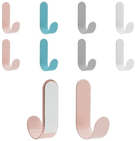 TRUEIN 10 Pieces Self Adhesive Hooks, Sticky Hooks for Hanging, Towel Hooks for Bathrooms, J-Shaped Metal Waterproof Door Hooks for Kitchen, Bedroom, Office, Bathroom (Pink White Grey Blue)