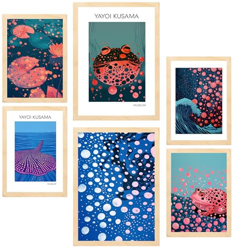 Nacnic 6er-Set Kusama-Fisch Gerahmtes Poster mit Design-Illustrationen zur Dekoration der Wände Ihres Zuhause Zimmer Büro Laden Malerei im A3 & A4 Leichter Holzrahmen