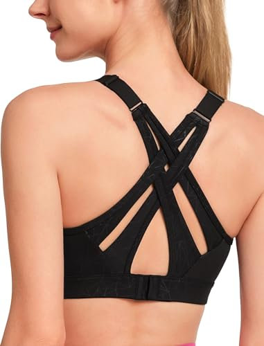 Yvette Sport BH Starker Halt Verstellbar Träger Gekreuzt Rücken Große Größen für Fitness Lauf Yoga,Schwarz/Print,L