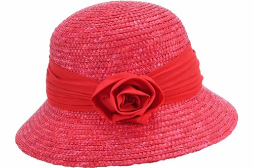 Seeberger Damen Sonnenhut Damenstrohhut eleganter Strohhut-Glocke mit Blume & UV-Schutz 80 Rot