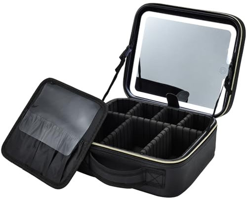 Travel Make up Bag with LED Mirror Make up Organiser Bag Cosmetic Bag with Compartment Vanity Case Makeup Box Waterproof Makeup Case Adjustable Brightness in 3 Color Scenarios, Black
