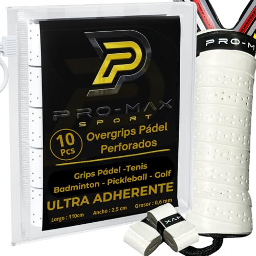 PRO-MAX SPORT Overgrips Padel Extra Adherente Perforados Blanco Pack 6/10 /50 Alta Absorción Sudor Cinta Agarre Antideslizante Grip Padel Pro Sobregrip Raqueta Tenis Durabilidad Accesorios Padel (10)