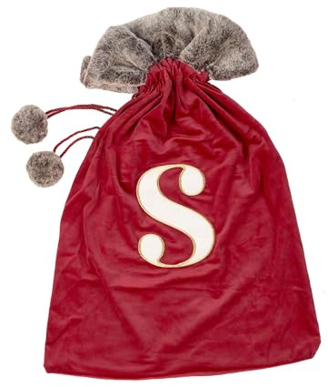 Celebright Christmas Sack with Embroidered Letter 'S' - Festive Holiday Décor for a Memorable Celebration - Faux Fur - Red