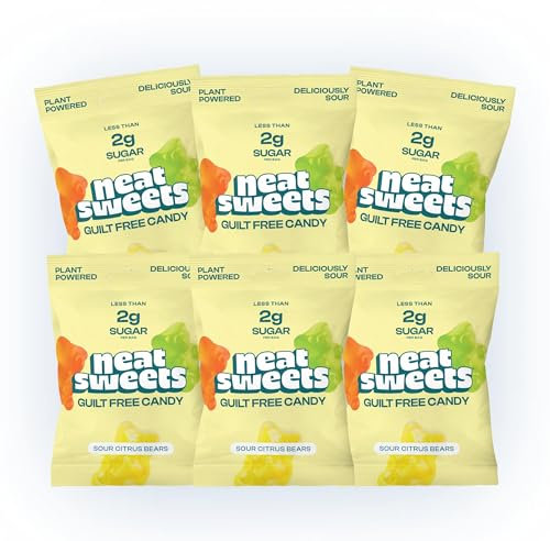 NeatSweets Vegan Sweets with Low Sugar - High Fibre, Gluten Free Plant Based Gummy Bears - 1.6g of Sugar per 50g Low Calorie No Added Sugar Guilt-Free Delicious Candy, Sour Citrus Bears x6 50g Packs