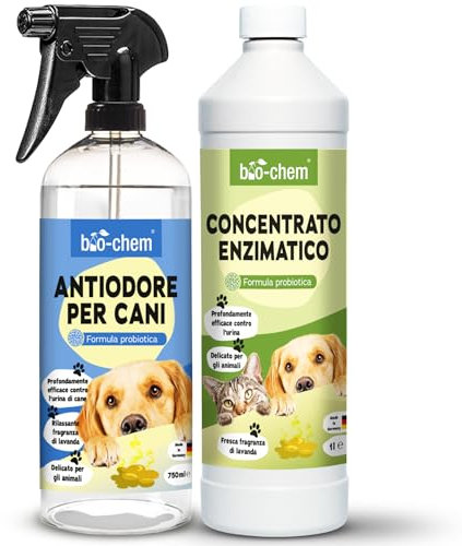 bio-chem Geruchsentferner Set | Hunde-Spray 750 ml + Enzymreiniger Konzentrat 1L | Mikrobiologisch & effektiv | Gegen Tiergeruch auf Textilien & Oberflächen