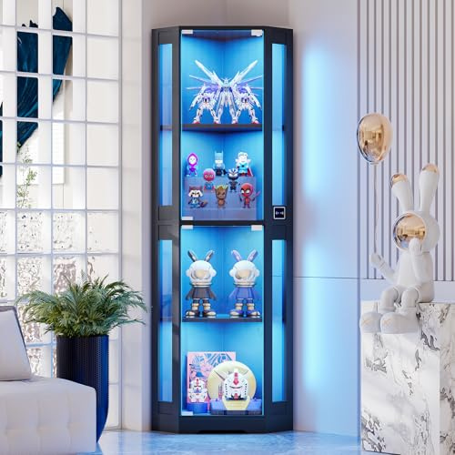 BROTTAR 65 Corner Glass Display Cabinet with LED Lights, 4-Tier Showcase Display Case with Glass Doors & Human Body Sensor for Collectibles, Liquor, Black