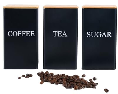Henrrida Set of 3 Tea Coffee Sugar Canisters 1000ml Metal Can with Bamboo Lid Stackable Kitchen Canisters Tea Coffee Sugar Kitchen Storage Tin Cans, Container Cans (Black)