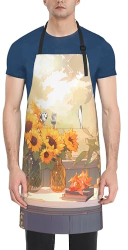 ZQYTGFDC Tyrannosaurus Rex Schürze, strapazierfähig, wasserdicht, mit Taschen, für Erwachsene, resistent gegen Grillen, Gartenarbeit, Malerei, Sonnenblumen unter der Fensterbank, Einheitsgröße