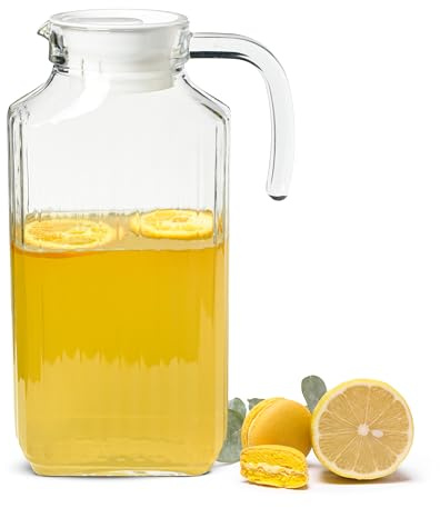 Sendez Glaskaraffe 1,8 Liter mit Deckel & Henkel – Saftkrug mit strukturierter Oberfläche – Wasserkaraffe aus Glas, tropffreier Ausgießer, spülmaschinengeeignet – für Wasser, Saft & Getränke