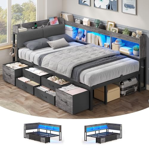 AOGLLATI Polsterbett Schlafsofa 90x200 mit Stauraum Kinderbett mit 6 Staufächern & 6 Schubladen Jugendbett mit LED-Beleuchtung & Ladestation,Tagesbett mit Gepolstertem Kopfteil(Grau, 90x200cm)