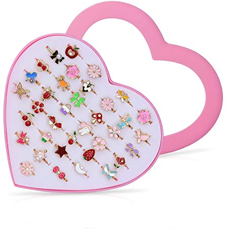 Diealles Shine 36 Pièces Bagues pour Enfants, Ensemble de Bagues Petites Filles avec Boîte De Coeur Rose, Super Jolie et Belle Présentation pour Un Cadeau à Une Petite Fille