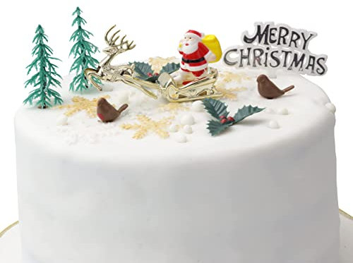Merry Christmas Cake Decoration Sets |4-10Pieces| Yule Log Cupcake Toppers Santa's on Sleigh with Reindeer Snowmen Holly Tree Penguin Teddy Bear Merry Christmas Sign (Set of 9)