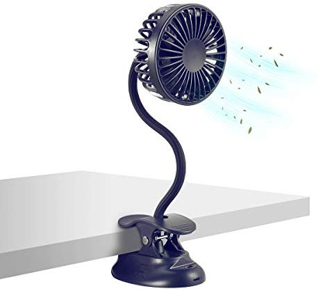 Clip-on USB Mini Battery Operated Desk Fan with Emergency Power Bank, Rechargeable Personal Fan with Flexible Neck, 3 Speeds, Great for Beach, Car, Camping, Dorm, Bed, Office - Navy Blue