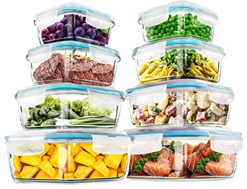 KICHLY Boite Alimentaire Verre 16 Pièces (8 Boite Conservation Verre En Verre, 8 Couvercles Transparents) - boite en verre Allant Au Lave-Vaisselle, Au Congélateur Et Micro-Ondes – Sans BPA