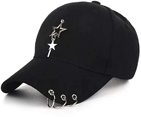 Unisex Schwarz Fitted Cap K-Pop Cap Baseball Cap mit Ringkette Metallic Cap Einzigartige Kappe Kappe mit Stern, Schwarz, M