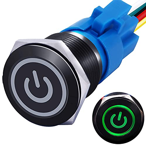 mxuteuk 19mm interruttore a pulsante di blocco 1 NO 1 NC SPDT ON/OFF guscio in metallo nero, con luce del simbolo di alimentazione verde 12v, presa con filo