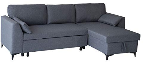 Happy Garden umwandelbares Ecksofa Logan 3-Sitzer in grau meliertem Stoff. Sofa mit umkehrbarer Meridian und Aufbewahrungskasten.