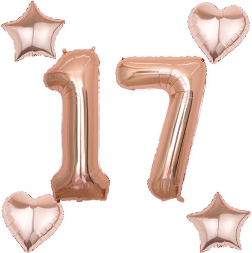 2 Luftballons Zahl 17 rosegold+4 pcs herz/stern Folienballon 17 .Geburtstag Deko mädchen rosegold ,40 Luftballons 17 .geburtstagsdeko mädchen 17 jahre,ballon 17. geburtstag deko (rosegold 17)