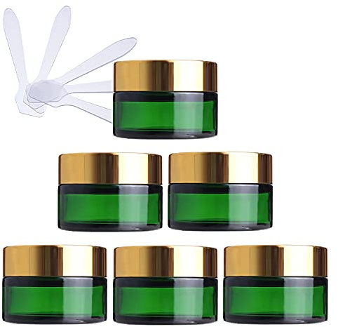 ZEOABSY 6 Stück Leere Grün Glas Cremedose 20ml mit Gold Schraubdeckel, Grünglas Schraubdose Glas-Tiegel Glas-Dose Salbentiegel Kosmetik-Dose für Gels Cremes + 6X Spatel