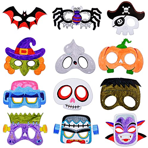 BIGKASI 24 Stück Halloween Maske zum Ausmalen Kinder Halloween Party Masken Hexe Kürbis Schläger Spinne Maske mit Pinsel & Gummiband fürJunge Mädchen Halloween Geschenk Cosplay Kostüm