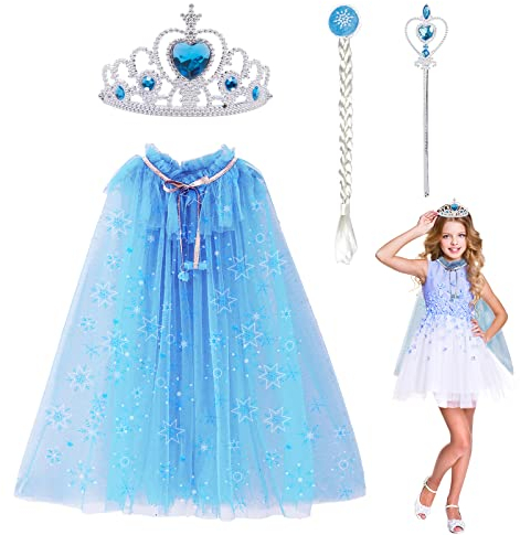 DKINY 4stk Prinzessin Umhang Mädchen umhang Zubehör mit Krone Zauberstab Perücke Cape Party Kostüm Karneval Cosplay für Tochter Geburtstag Mädchen (blau)