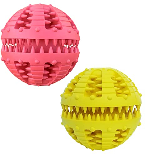 MMSGA 2 Pcs Hundeballe mit Zahnpflege,Katze Hund IQ Spielzeug Ball,Zahnkugel Spielzeug,Natur Gummi Ball mit Minzgeschmack für Katzenhund Zahnreinigung/Kauen/Spielen/Ausbildung (Große, Rot+Gelb)