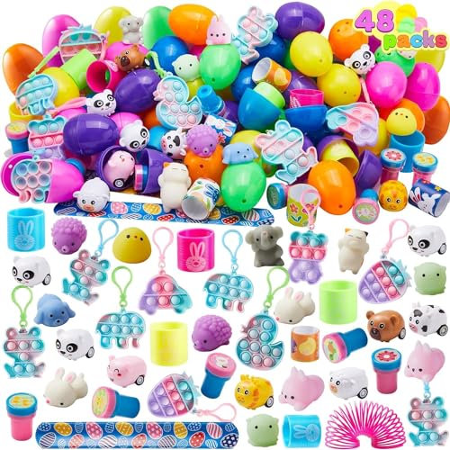 JOYIN 48 Stück vorgefüllte Ostereier mit verschiedenen, Kunststoff-Ostereier, Stressabbau-Spielzeug zum Füllen von Osterkörben, Oster-Partygeschenken, Ostereiersuche und Oster-Goodie-Bag-Füllern