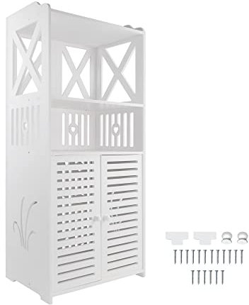 Xinng White Bathroom Floor Cabinet,Bathroom Storage Cabinet with Double Door and 3 Tier Shelf,Space-Saving Laundry Cupboard Organiser Unit,25D x 40W x 90H cm
