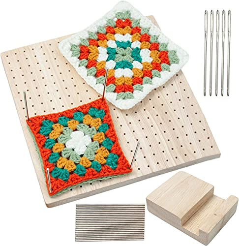 XNSHUN Sperrbrett Für Granny Square, Handcrafted Wooden Blocking Board, Und Häkelprojekte Sperrbrett Häkeln Holz, Crochet Blockierbretter Full Kit with 20 Edelstahl-Stabstiften Und 5 Nadeln