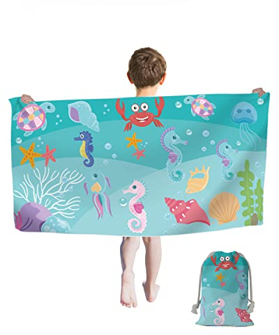 Kinder Strandtuch, Süße Meerestiere Strandtücher 60 x 120 cm, Schnell Trocknend Badetuch Reisen Schwimmen Duschtuch für Kinde (Blue Ocean)