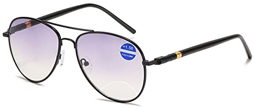 Lanomi Bifokale Pilot Lesebrille Blaulichtfilter Metall Sonnenbrille mit Sehstärke Leicht Grau Leser UV Schutz Sehhilfe Lesehilfe Herren Damen Brille 1.0 1.5 2.0 2.5 3.0 3.5 4.0 Schwarz 3.5