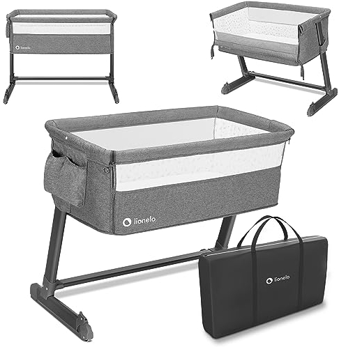 Lionelo Theo 2in1 Baby Bett, Reisebett Baby, Beistellbett Baby ab Geburt bis 9 kg, Höhenverstellung, Einstellung der Neigung, Faltbare Seitenwand, Matratze, Moskitonetz (Grau)