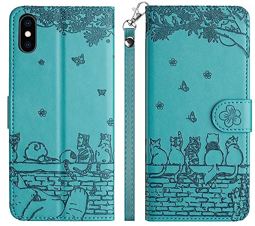 Aisenth Handyhülle für iPhone X/iPhone XS (5,8 Zoll), Katze, Schmetterlings Muster Leder Handytasche Brieftasche Klapphülle Etui Flip Case Schutz Hülle mit Ständer, Kartenfächer -Blau Grün