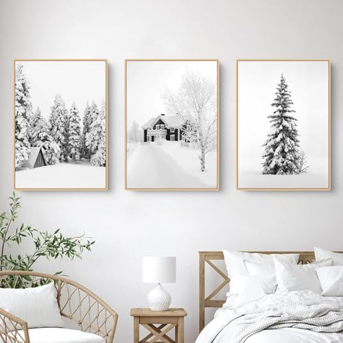 3er Poster Set, Winter Weiße Kiefer Holzhaus Wandkunst Wandbilder Wohnzimmer Bilder, Moderne Leinwandbilder Wandposter, Wanddeko Bilder, Ohne Rahmen (50x70cm)
