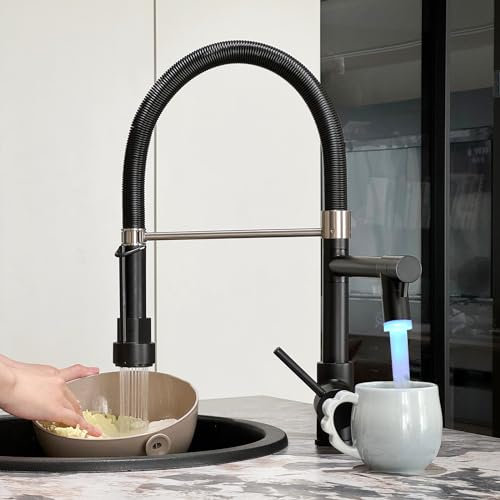 TIMACO LED Schwarz Wasserhahn Küche mit Schloss Brause Ausziehbar - 360° Schwenkbar Küchenarmatur mit Spiralfeder,Einhebel Mischbatterie - Hochdruck Spültischarmatur