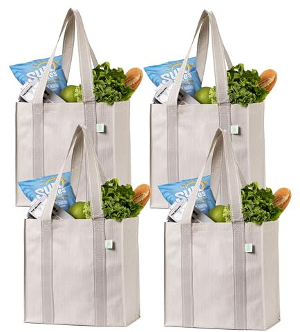 VENO 4 Pack Reusable Grocery Bags, Shopping Bags, Utility Tote with Handle, Hard Bottom, Foldable, Heavy-Duty, Stands Upright, Beige