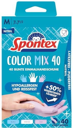 Spontex Color Mix, 40 farbenfrohe Einmalhandschuhe aus Nitril, latexfrei und ungepudert, Größe M, 40 Stück