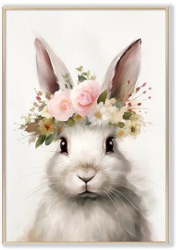 GADZRTIL, Leinwand, Wandkunst, niedliche Tiergemälde, Aquarell-Hasen-Druck, Blumenkrone, Tier-Krone, Tierkunst, niedliches Hasen-Poster, Tierkunstwerk für Baby-Mädchen, Kinderzimmer, Osterhasen-Bilder