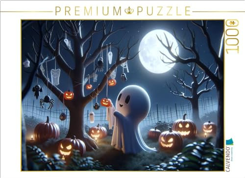 CALVENDO Puzzle Das kleine Gespenst schmückt den Halloween-Baum | 1000 Teile Lege-Größe 64 x 48 cm Foto-Puzzle für glückliche Stunden