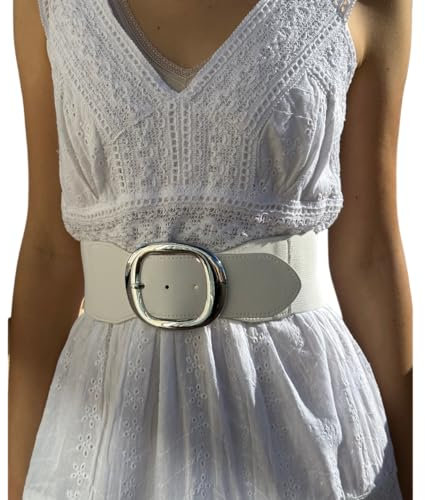 MIGURA Weißer Gürtel für Damen, breit, elastisch, für Kleider, Vintage, modisch, verstellbarer Bund, passt sich der Figur an. Universalgröße, weiß, Adaptable