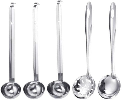 4 cucchiai in acciaio inox, 1 cucchiaio per schiuma, cucchiaio con manico a gancio, cucchiaio, cucchiaio con manico lungo, cucchiaio per mescolare, cucchiaio per salsa, utensili da cucina