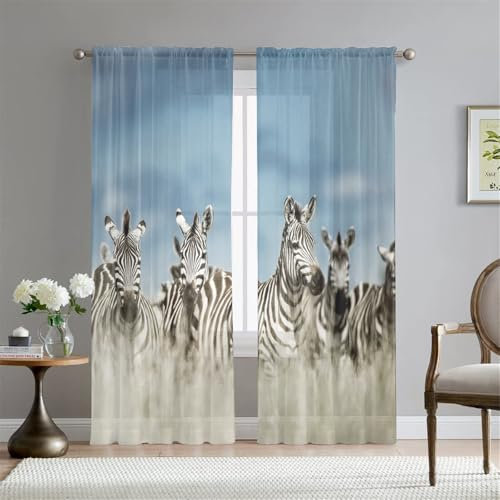 Hiseng Gardinen Vorhang Küche 2er Set Tierdruck Voile Vorhänge Halbtransparent Schiebegardinen Moderne Voile Vorhang Gardine für Wohnzimmer Schlafzimmer Fenster (Zebra,108x230cm)