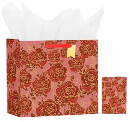 Grande sacchetto regalo con rosa rossa da 33 cm, con biglietto e carta velina, per donne che celebrano compleanni, San Valentino, matrimoni, anniversari, festa della mamma, Pasqua, baby shower (rosso,