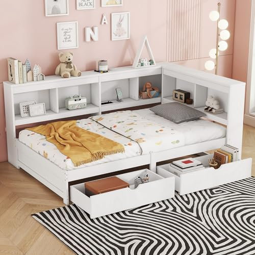 WIZBED Funktionsbett | Stauraumbett | Kinderbett mit Schubladen, USB und Bücherregal, Schlafsofa Plattformbett mit Regal, für Kinder, Jungendliche,Weiß 90x200cm