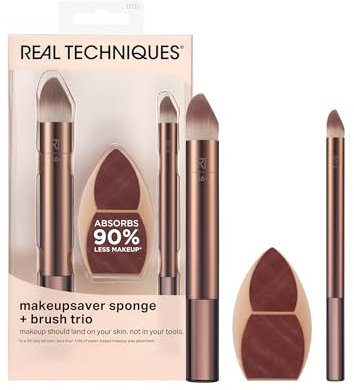 Real Techniques Makeupsaver Sponge + Brush Trio, Makeup Blending Sponge & Brushes For Liquid & Cream Formulations, Natural Finish & Reduces Makeup Waste, Cruelty & Latex-Free 3 Piece Set